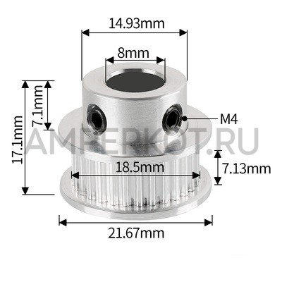 Зубчатый шкив для ремня GT2-6. 30 зуб. D8 mm, фото 1