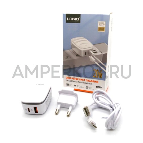 Зарядное устройство LDNIO A2425C 1*USB Type-A/1*Type-C QC3.0/PD3.0 20W подсветка кабель Type-C, фото 1