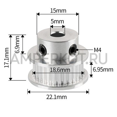 Зубчатый шкив для ремня GT2-6. 30 зуб. D5 mm, фото 1