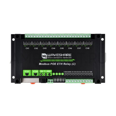 8-ми канальный модуль реле Waveshare с двумя портами Ethernet (E), на DIN рейку 10А/250VAC/30VDC PoE, фото 2