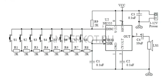 DIY набор для сборки электронного музыкального инструмента (8 нот) на микросхеме NE555 3-12V, фото 4
