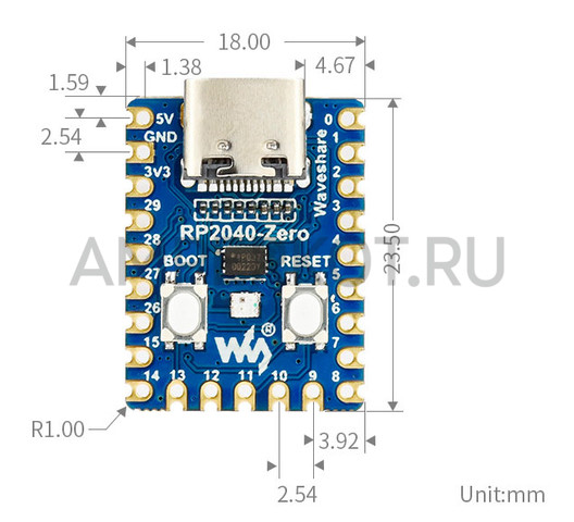 Waveshare RP2040-Zero - миниатюрная плата на Raspberry Pi RP2040, Mini ver. не распаянная, фото 5