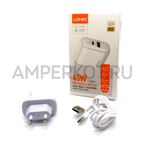 Зарядное устройство LDNIO A2526C USB Type-A/Type-C QC3.0/PD3.0 45W подсветка кабель Type-C, фото 1