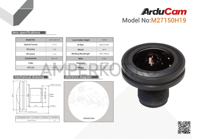 Объектив “рыбий глаз” Arducam 190° 1,5 мм  M12 с адаптером для камеры Raspberry Pi HQ M27150H19, фото 5