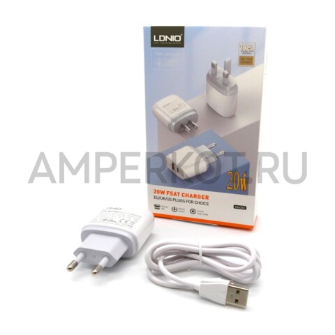 Зарядное устройство LDNIO A2424C 1*USB Type-A/1*Type-C QC3.0/PD3.0 20W подсветка кабель Type-C, фото 1