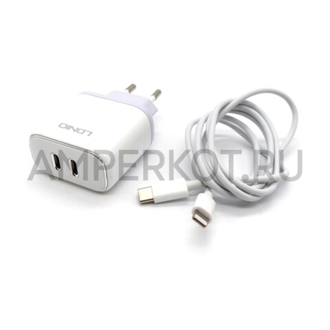 Зарядное устройство LDNIO A2528M 2*USB Type-C PD3.0 35W кабель Type-C ー Lightning, фото 1