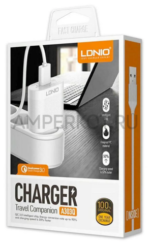 Зарядное устройство LDNIO A303Q 1*USB Type-A QC3.0 18W кабель Type-C, фото 3