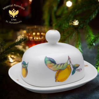 Маслёнка прямоугольная Императорский фарфоровый завод рисунок Лимоны