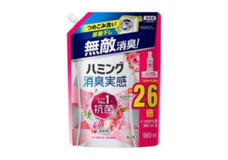 431295 KAO Humming Feeling Rose & Floral Кондиционер-ополаскиватель для белья, с антибактериальным эффектом, с ароматом розового сада, мягкая упаковка с крышкой 980мл. 1/6