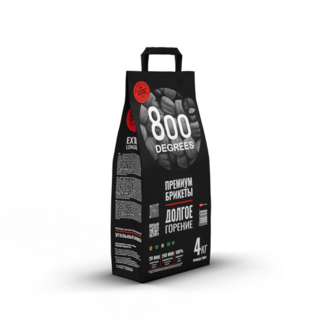 Уголь в брикетах 800 Degrees Premium Долгое Горение, мешок 4 кг. Состав: высококачественный древесный уголь лиственных пород деревьев и кукурузный крахмал.