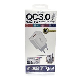 СЗУ с USB выходом WK Fast Charger QC3.0 WP-U57 + кабель Lightning ток 5В-2,4А/9В-2А/12В-1,5А (белое)