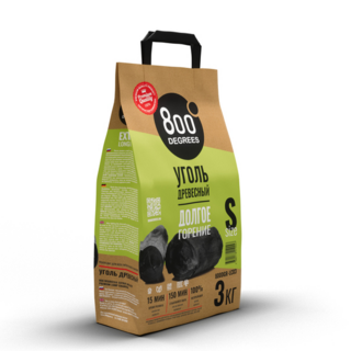 Уголь кусковой древесный 800 Degrees Долгое Горение, мешок 3 кг. Состав: древесный уголь лиственных пород деревьев.