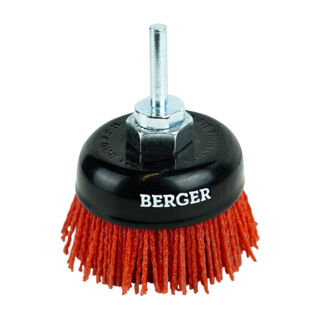 Кордщётка чашеобразная (абразивный нейлон 1.2 мм, P80, диаметр 75 мм, гайка М14 + хвостовик 6 мм) BERGER BG1746