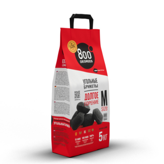 Уголь брикетированный 800 Degrees Долгое Горение, мешок 5 кг. Состав: высококачественный древесный уголь лиственных пород деревьев и кукурузный крахмал.