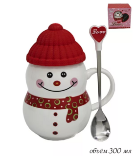 Кружка с силиконовой крышкой и ложкой СНЕГОВИК в под.уп., фарфор, арт 105-185