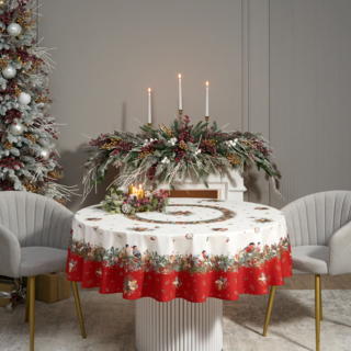 СКАТЕРТЬ КРУГЛАЯ "МОРОЗКО.СНЕГИРИ" 190СМ ,КРАСНЫЙ, 100% ХЛОПОК, ТВИЛ, С ПРОПИТКОЙ