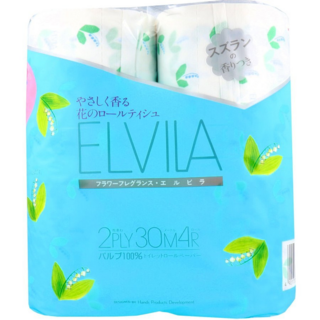 SHIKOKU TOKUSHI Elvila Lily of The Valley Парфюмированная туалетная бумага, 2-х слойная, с освежающим ароматом ландыша, 4 рулона по 30 метров