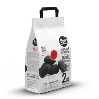 Уголь брикетированный 800 Degrees Долгое Горение, мешок 2 кг. Состав: высококачественный древесный уголь лиственных пород деревьев и кукурузный крахмал.