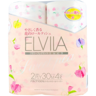 SHIKOKU TOKUSHI Elvila Sweet Pea Парфюмированная туалетная бумага, 2-х слойная, со сладким ароматом душистого горошка, 4 рулона по 30 метров