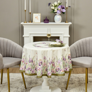 СКАТЕРТЬ КРУГЛАЯ  " ИРИСЫ" 150СМ БЕЛАЯ ,100% ХЛОПОК ,ТВИЛ, С ПРОПИТКОЙ