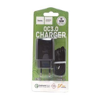 СЗУ HOCO C72Q Glorious 1xUSB, QC3.0 18W, 3А + кабель Type-C, 1м (черный)