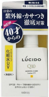107517 "Mandom" "Lucido" Увлажняющий солнцезащитный лосьон для лица с коэнзимом Q10 (40+) SPF28/PA++ 100мл  1/36