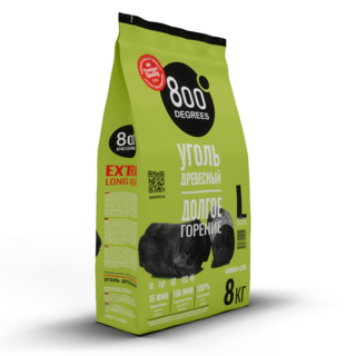 Уголь кусковой древесный 800 Degrees Долгое Горение, мешок 8 кг. Состав: древесный уголь лиственных пород деревьев.