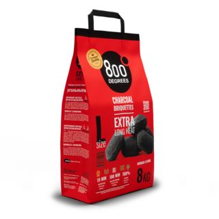 Уголь брикетированный 800 Degrees Долгое Горение, мешок 8 кг. Состав: высококачественный древесный уголь лиственных пород деревьев и кукурузный крахмал.