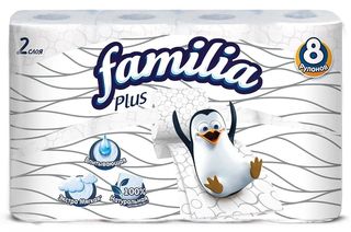 Бумага туалетная Familia Plus белая 2-слойная, 8 рулонов в упаковке