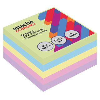 Бумага для заметок с клеевым краем Attache Economy, 51x51 мм, 400 л, 5 цветов в ассортименте