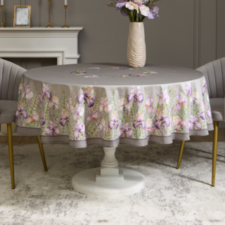 СКАТЕРТЬ КРУГЛАЯ "ИРИСЫ" 190СМ ,СЕРЫЙ, 100% ХЛОПОК, ТВИЛ, С ПРОПИТКОЙ