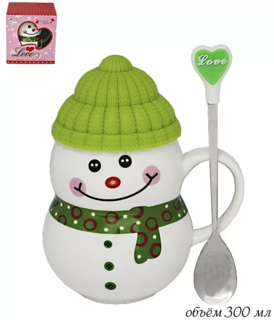 Кружка с силиконовой крышкой и ложкой СНЕГОВИК в под.уп., фарфор, арт 105-332