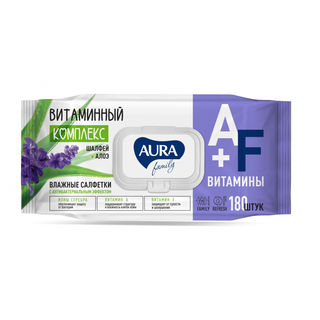 Влажные салфетки AURA для всей семьи, Витаминный комплекс, шалфей + алоэ, 180 шт (с крышкой)