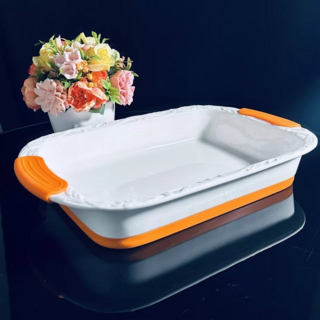 Прямоугольное блюдо для запекания Lenardi 38,5х24,5х6,5см с силиконовыми ручками, фарфор, в подарочной упаковке, арт.142-129