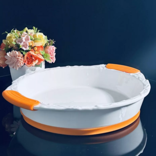 Круглое блюдо для запекания Lenardi 36х32,5х7,5см с силиконовыми ручками, фарфор, в подарочной упаковке, арт. 142-138