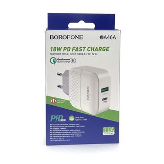 СЗУ BOROFONE BA46A Premium USB QC3.0 + USB-C PD 18W, 3A (белый)