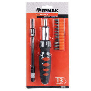 Отвертка ЕРМАК с гибким стержнем, адаптером и насадками, сталь, 13 предметов