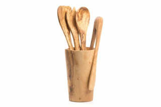 Набор 5 предметов (стакан, лопатка, щипцы, ложка, вилка), оливковое дерево