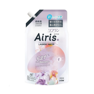 344209 LION Airis Balcony Кондиционер для белья, прозрачный, с ароматом нектарина, груши, фрезии и ландыша, мягкая упаковка с крышкой 850мл. 1/12