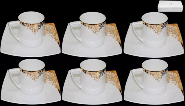 Чайный набор Lenardi 12 предметов 200 мл ЗОЛОТОЙ ОРНАМЕНТ в подарочной упаковке. Костяной фарфор, арт. 145-096