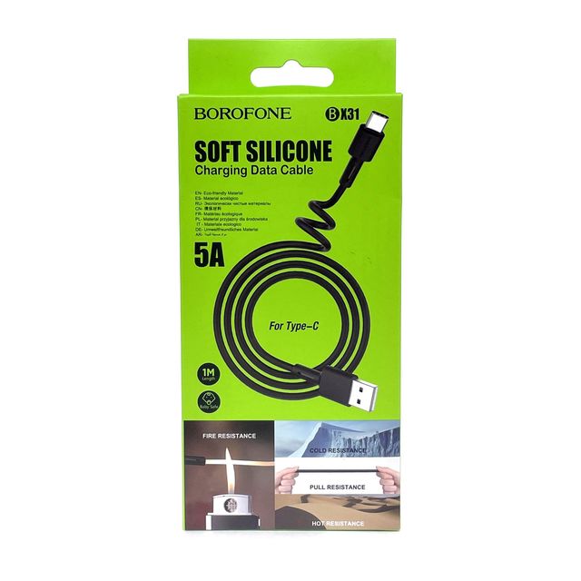 USB кабель BOROFONE BX31 Soft Silicone Type-C, 1м, 5А, силикон (черный)