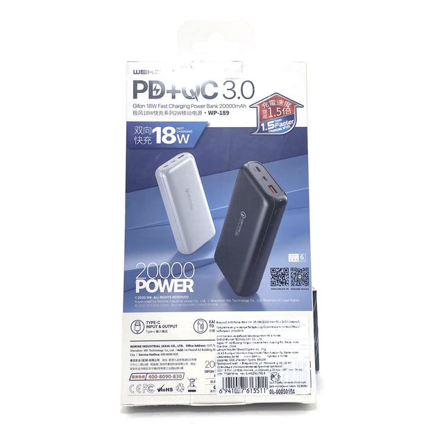 Аккумулятор Power Bank WK WP-189 20000 mAh PD + QC3.0 (черный)