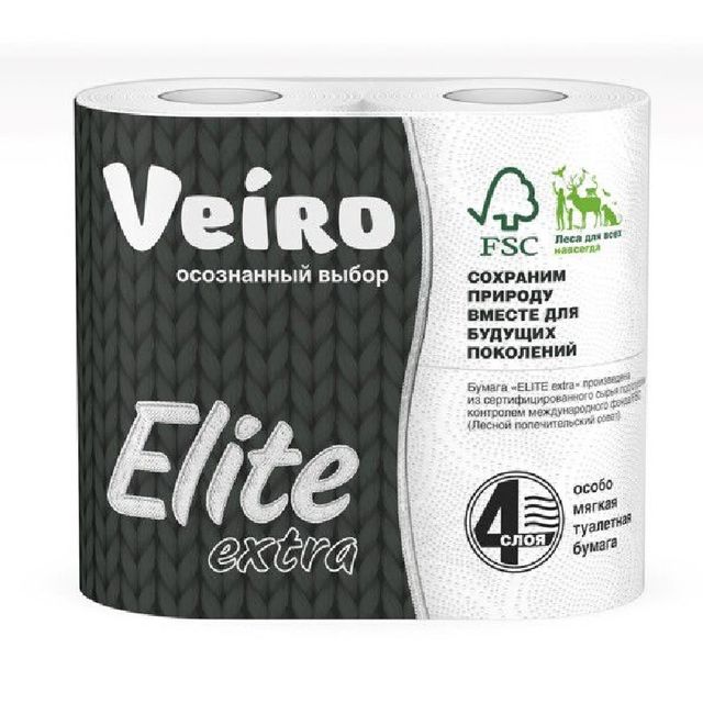 Бумага туалетная Veiro Elite Extra 4-слойная белая, 15,5м, 4 рулона в упаковке