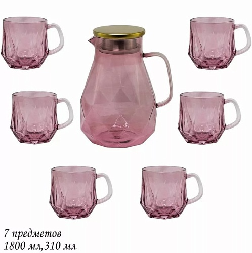 Набор: кувшин-заварник 1,9 л  и 6 кружек Lenardi 350 мл, розовый, в подарочной упаковке, арт. 589-016