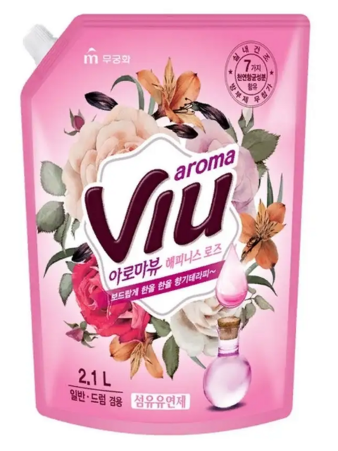 Кондиционер для белья "Aroma Viu Happiness Rose" с ароматом букета роз и антибактериальным эффектом 2,1 л, мягкая упаковка с крышкой