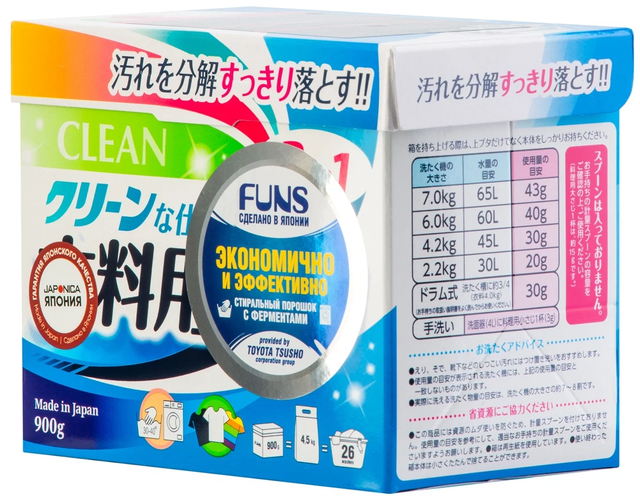 Порошок стиральный Funs Clean с ферментом яичного белка для полного устранения пятен, 900 гр