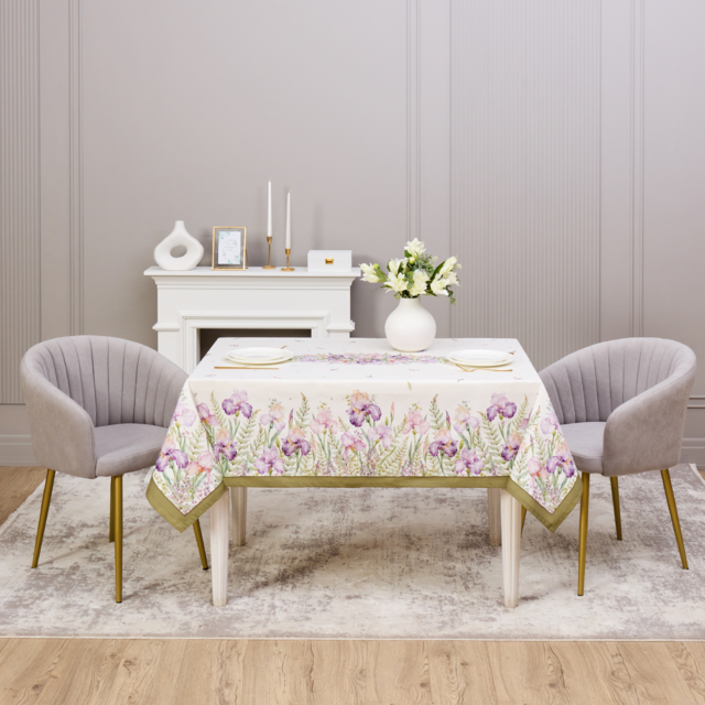 СКАТЕРТЬ "ИРИСЫ" 140Х180СМ ,БЕЛЫЙ, 100% ХЛОПОК,ТВИЛ ПРОПИТКА