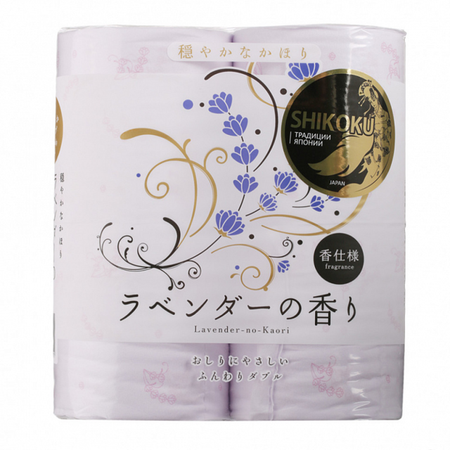 Премиальная бумага туалетная SHIKOKU Lavender-no-Kaori парфюмированная с ароматом лаванды 2-х слойная, 4 рулона