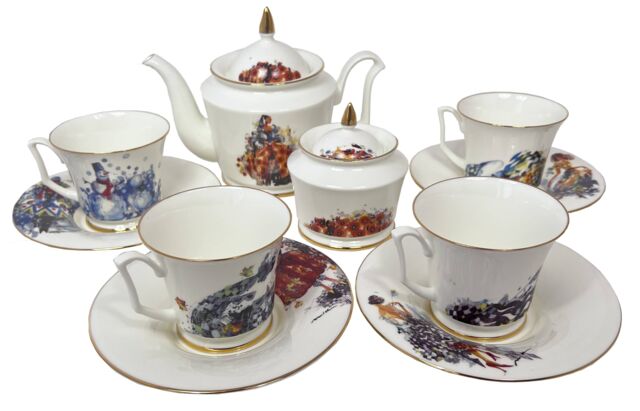 Сервиз чайный на 6 персон форма Юлия рисунок Четыре сезона любви, 14 предметов, Императорский фарфоровый завод