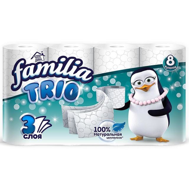 Бумага туалетная Familia Trio белая 3-слойная, 8 рулонов в упаковке